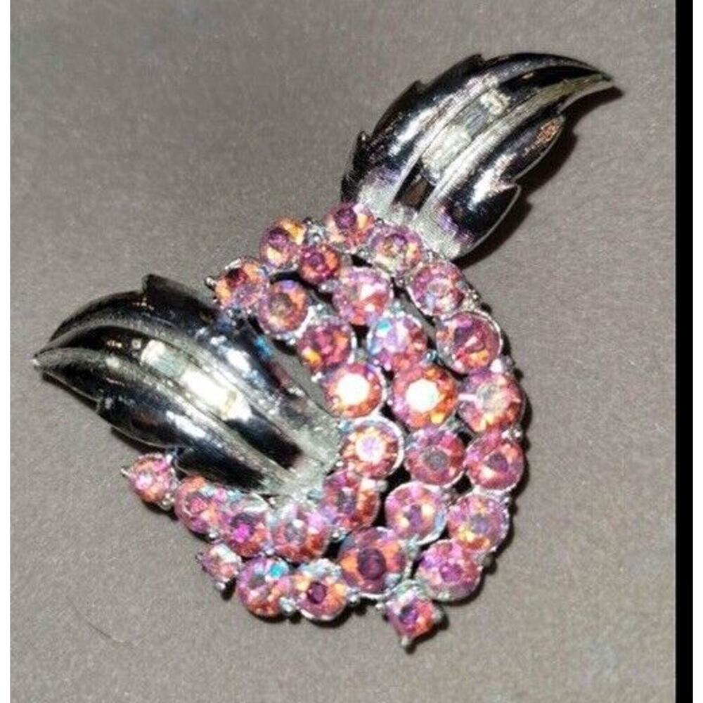 Vtg SIGNED CORO Brooch Pink AB Rhinestones Marked